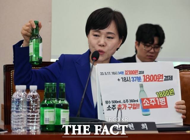 전현희 민주당 의원이 8일 오후 서울 여의도 국회에서 열린 법제사법위원회 전체회의에서 쌍방울 대북송금 사건을 수사한 박상용 검사를 위증으로 고발하는 안건에 대해 소주병을 보여주며 토론하는 모습. /뉴시스