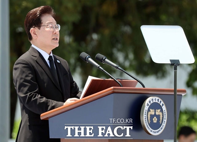 이재명 대통령이 18일 광주 5·18민주광장에서 열린 제46주년 5·18민주화운동 기념식에서 기념사를 하고 있다. /뉴시스