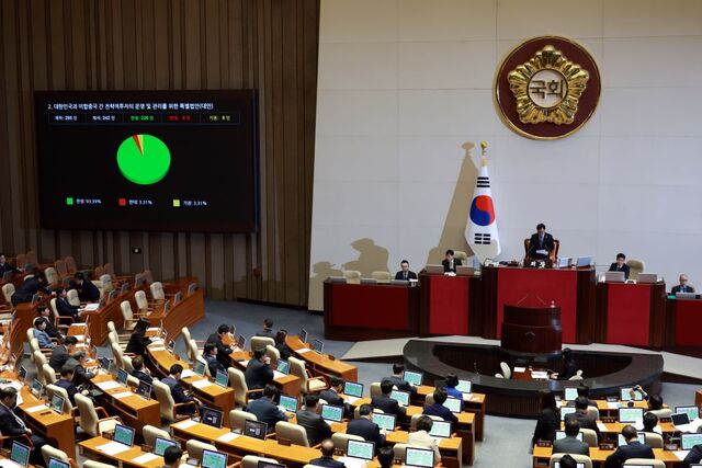 정부는 9일 국무회의에서 '대한민국과 미합중국 간 전략적투자의 운영 및 관리를 위한 특별법 시행령안'(대미투자특별법)을 심의·의결했다. 사진은 지난 3월 12일 서울 여의도 국회에서 열린 제433회 국회(임시회) 제1차 본회의에서 대미투자특별법이 가결된 모습. / 뉴시스