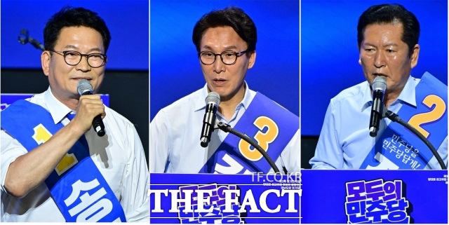 송영길(왼쪽부터), 김민석, 정청래 민주당 당대표 후보가 2일 오후 경남 창원대학교 종합교육관 이룸홀에서 열린 더불어민주당 당대표·최고위원 합동연설회에서 각각 정견 발표를 하고 있다. /뉴시스