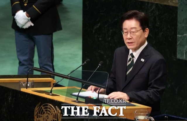 이재명 대통령이 22일(현지시간) 미국 뉴욕에서 열린 제81차 유엔 총회에서 기조연설을 하고 있다. /뉴시스